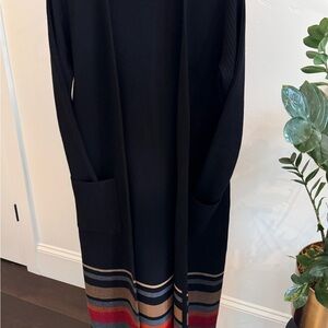 Pendleton Chic Black Long wool Cardigan with Signature Striped Hem